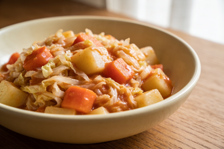 Овощное рагу из картофеля, капусты и моркови в белой миске