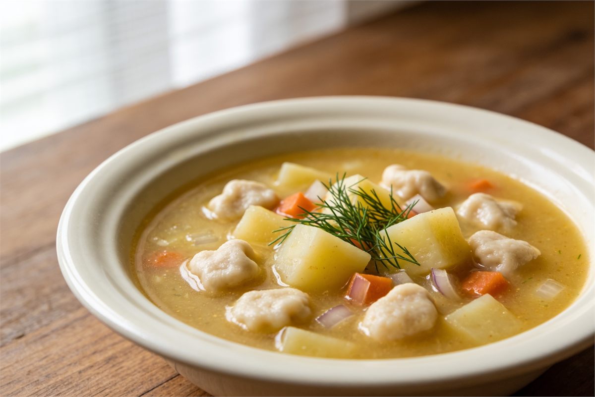 Густой картофельный суп с мучными клецками в глубокой тарелке