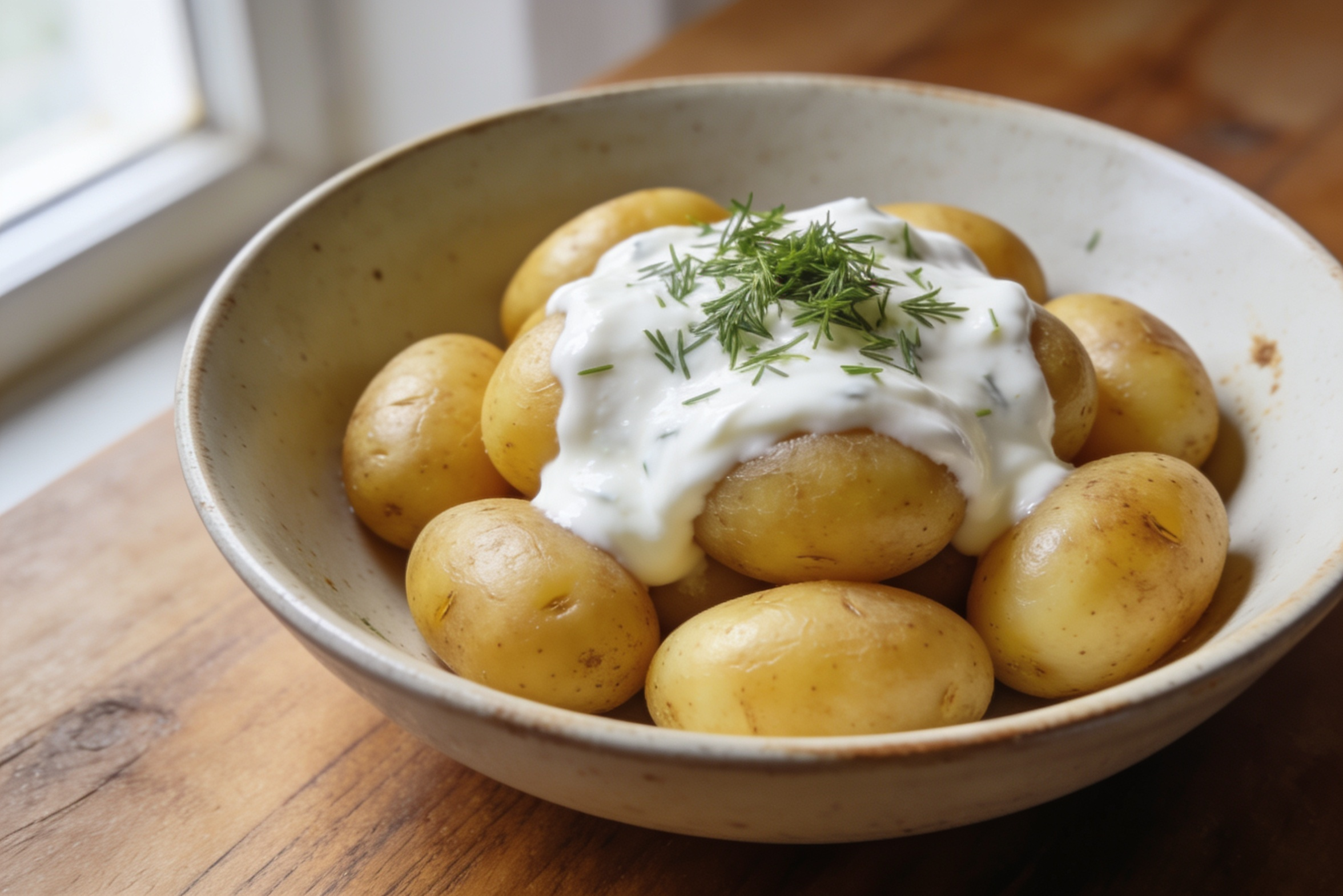 Молодая картошка с укропом и сметанным соусом на тарелке