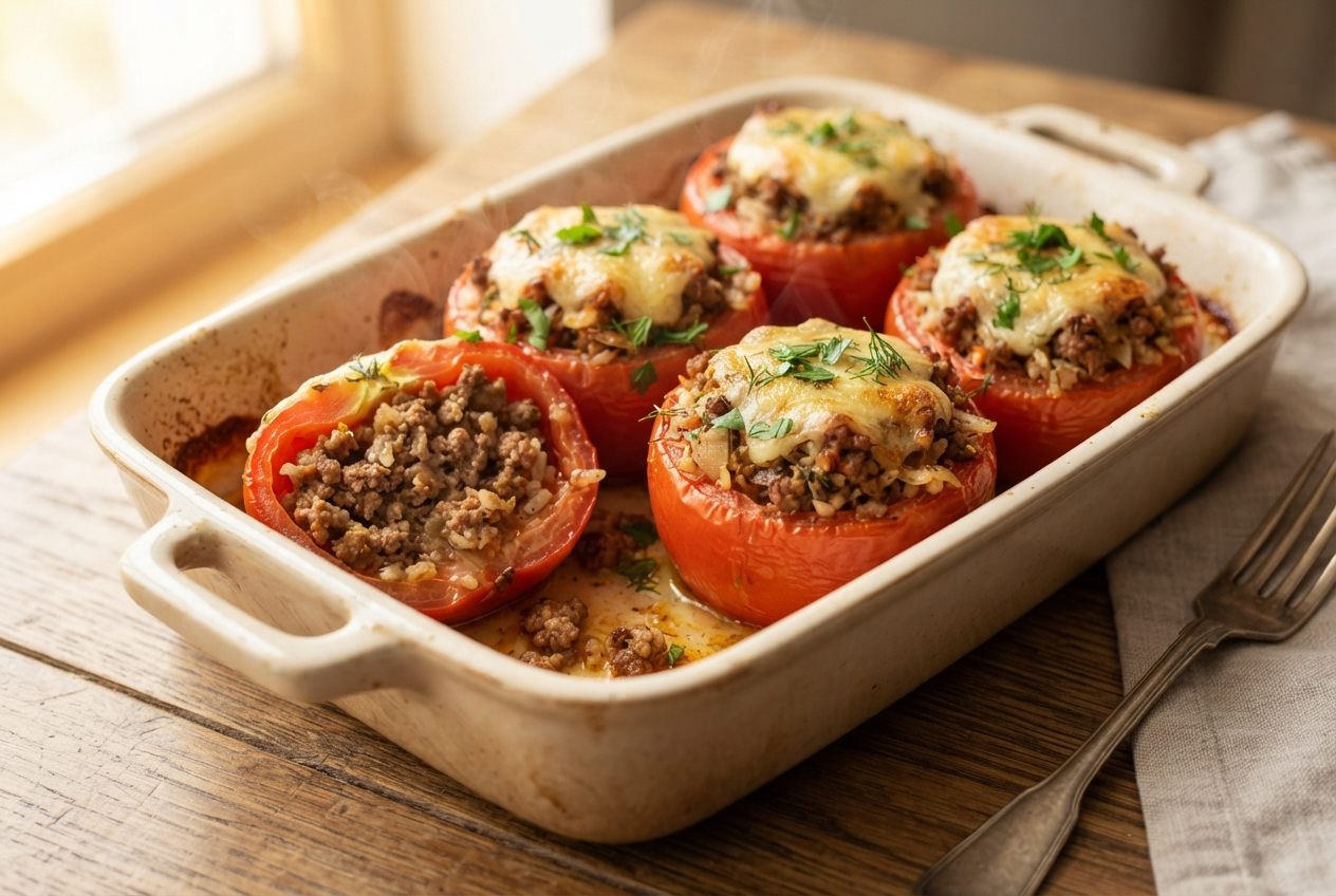 Помидоры с заранее обжаренным фаршем, рисом и сыром